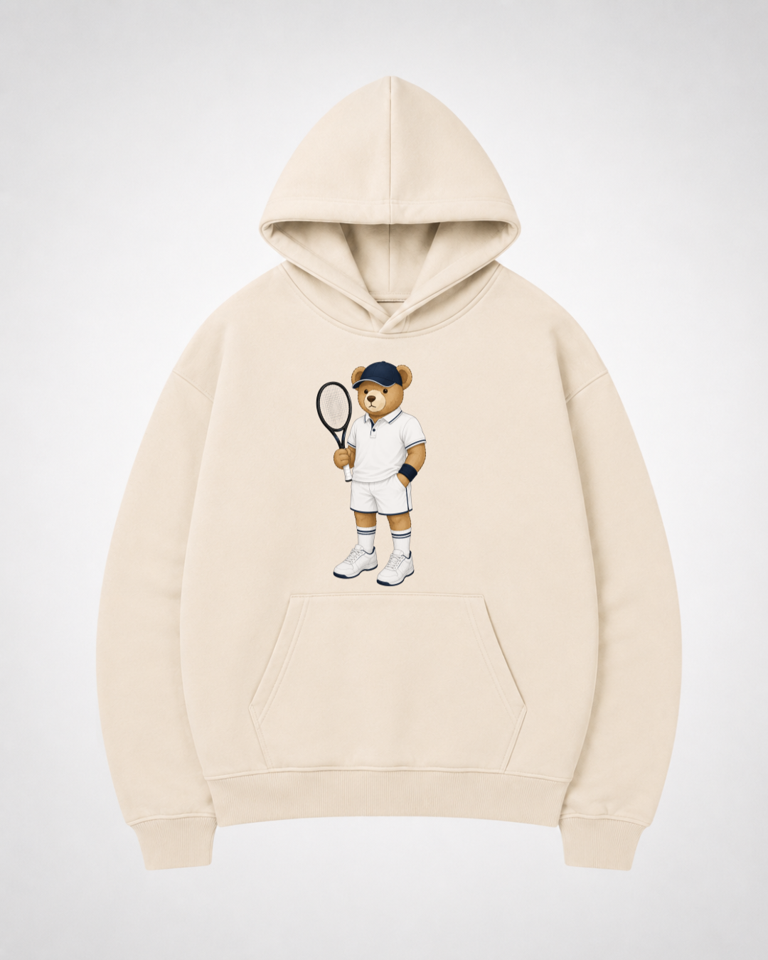 Tennis Bear Oversized Hoodie - Beige Front (Designed)