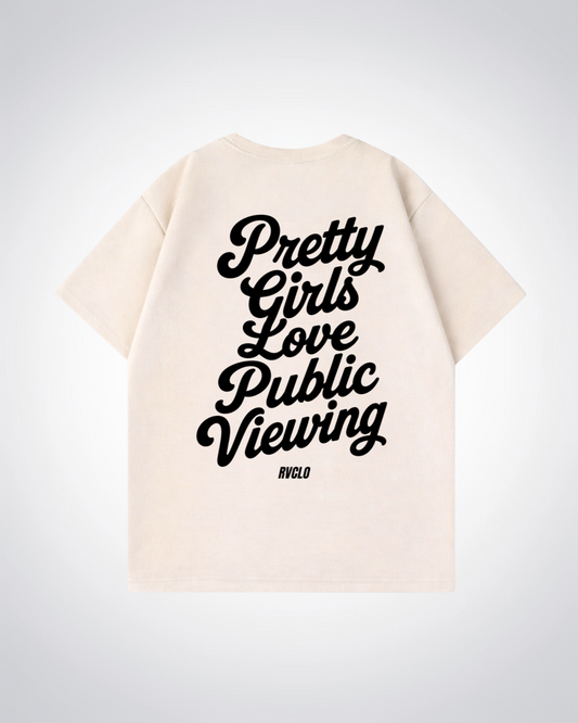 Pretty girls love Puplic Viewing Oversized Shirt - Beige Back (Designed)