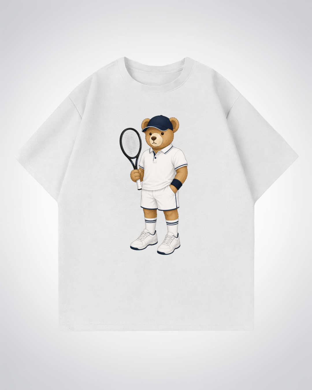 Tennis Bear Oversized Shirt - White Front (Designed)