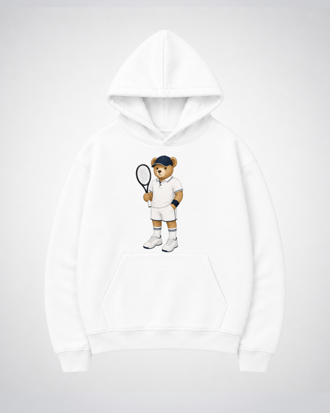 Tennis Bear Oversized Hoodie - White Front (Designed)